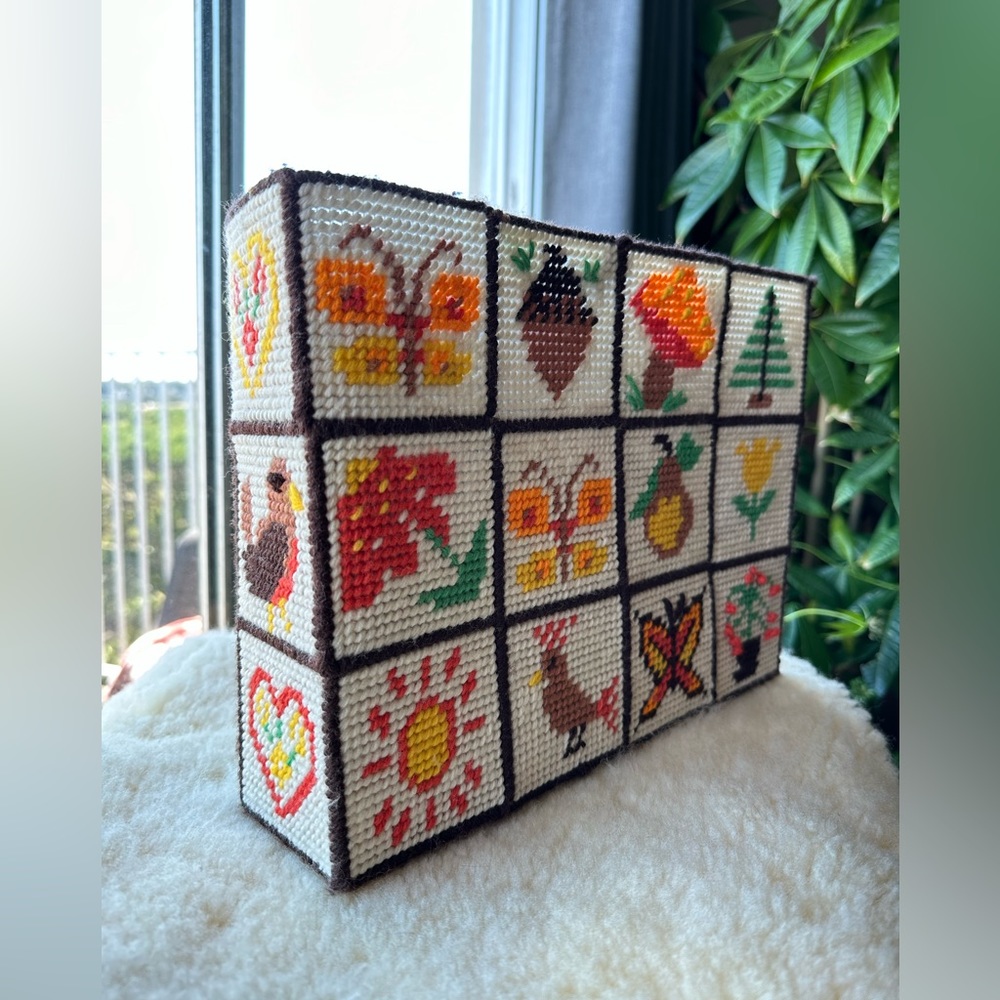 Vintage 70s home decor 1970s needlepoint cross stitch art mushrooms plants retro